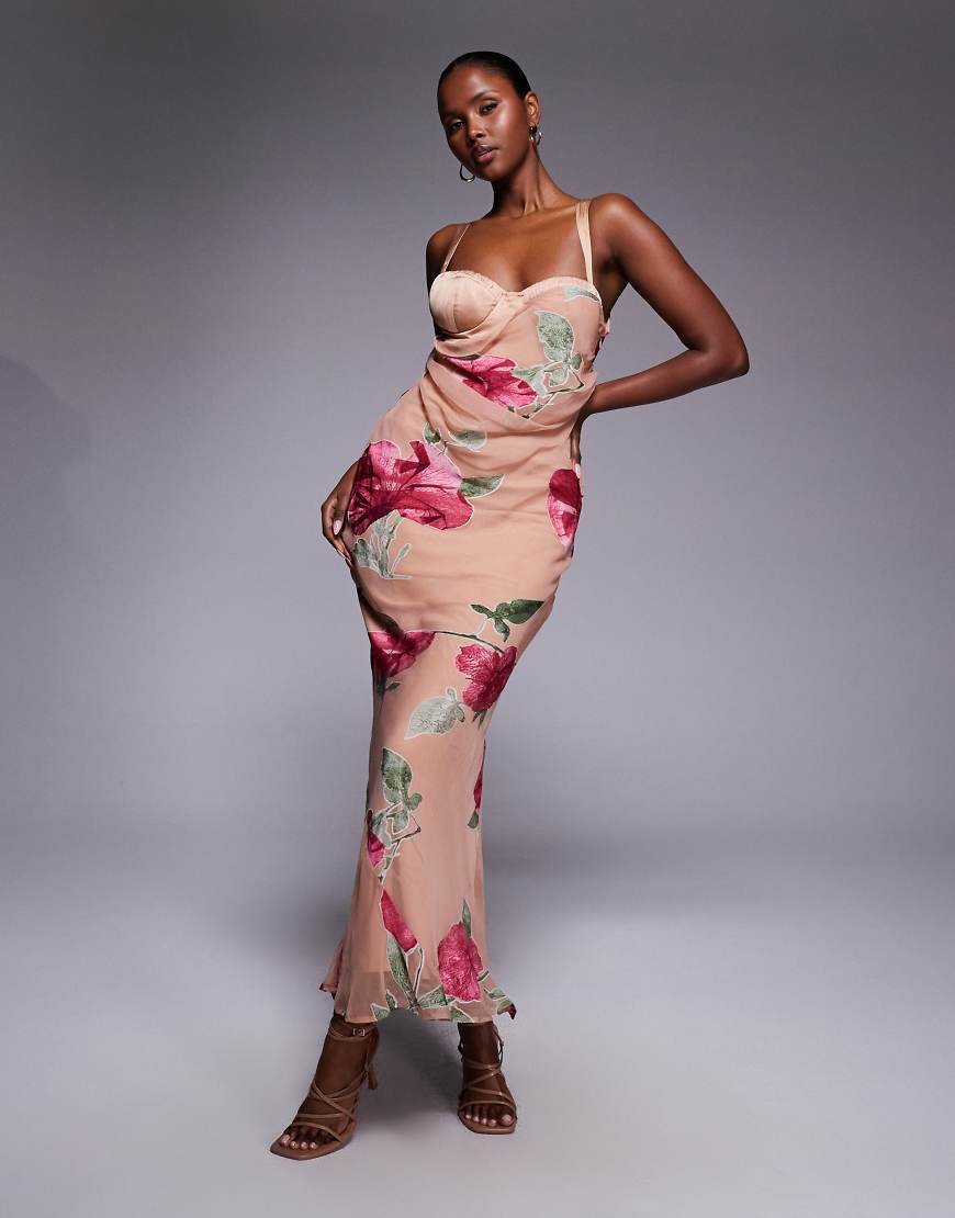 ASOS DESIGN - Maxikleid mit übergroßem Ausbrenner-Blumenmuster und Korsett-Design-Bunt von ASOS DESIGN