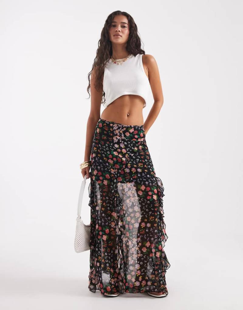 ASOS DESIGN - Maxirock aus Chiffon mit buntem Blumenmuster und Rüschen von ASOS DESIGN