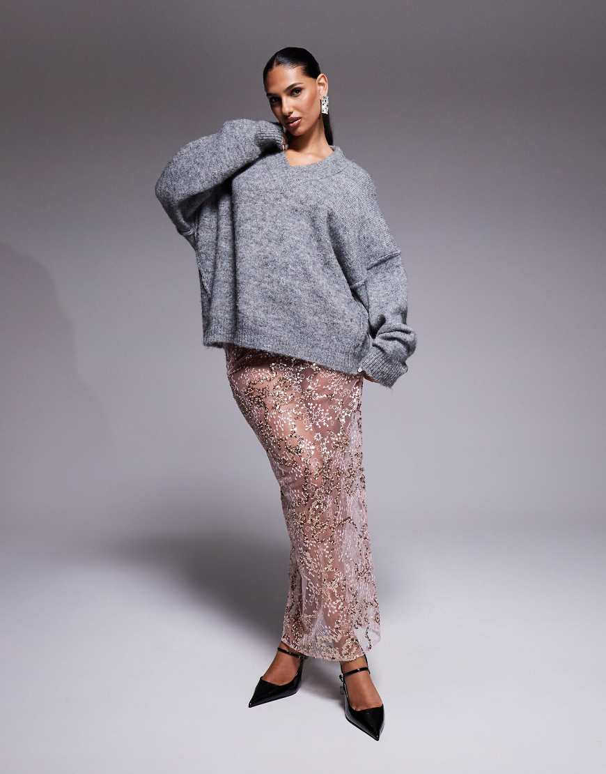 ASOS DESIGN - Maxirock aus zarter Spitze in Rosa mit Paillettenverzierungen von ASOS DESIGN