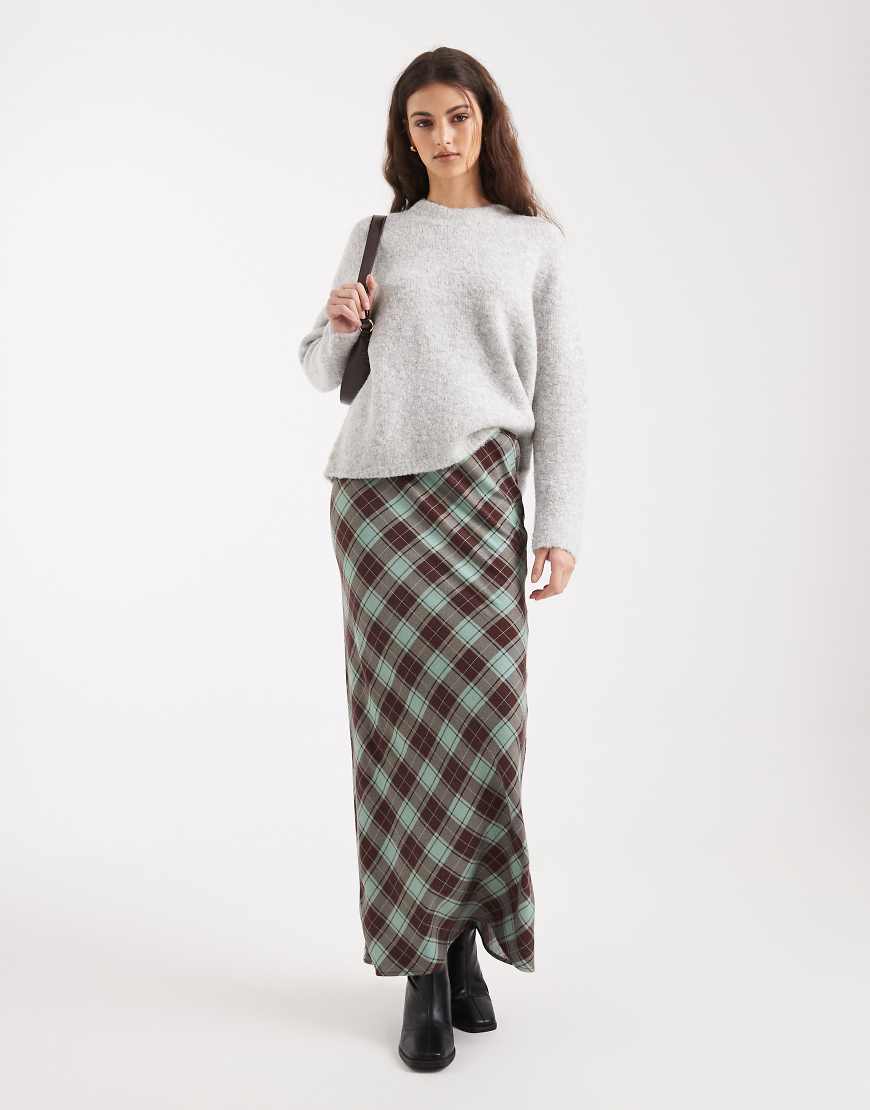 ASOS DESIGN - Maxirock in Grün mit Schrägschnitt und angerautem Karomuster-Bunt von ASOS DESIGN