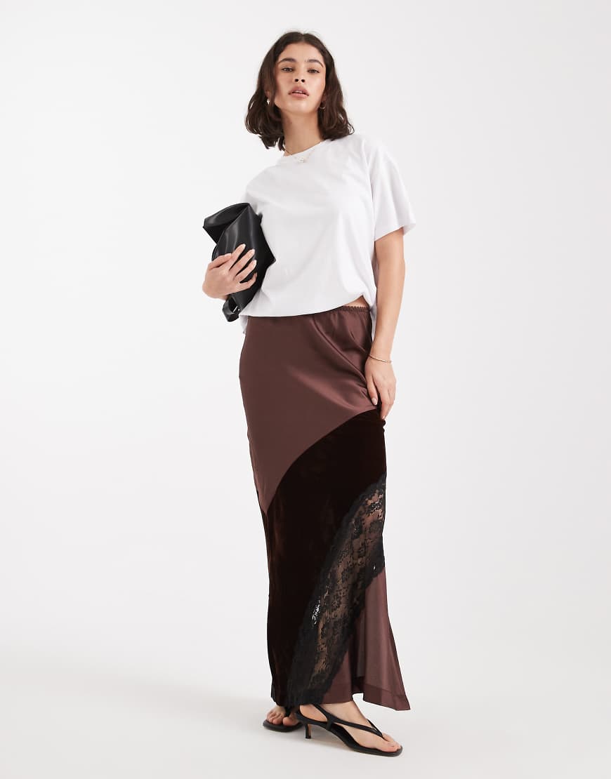 ASOS DESIGN - Maxirock in Schokobraun aus Samt, Satin und Spitze-Brown von ASOS DESIGN
