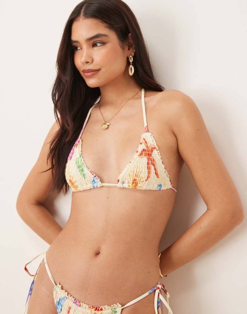 ASOS DESIGN - May - Gesmokter Triangel-Bikini mit Muschelmuster-Gelb von ASOS DESIGN