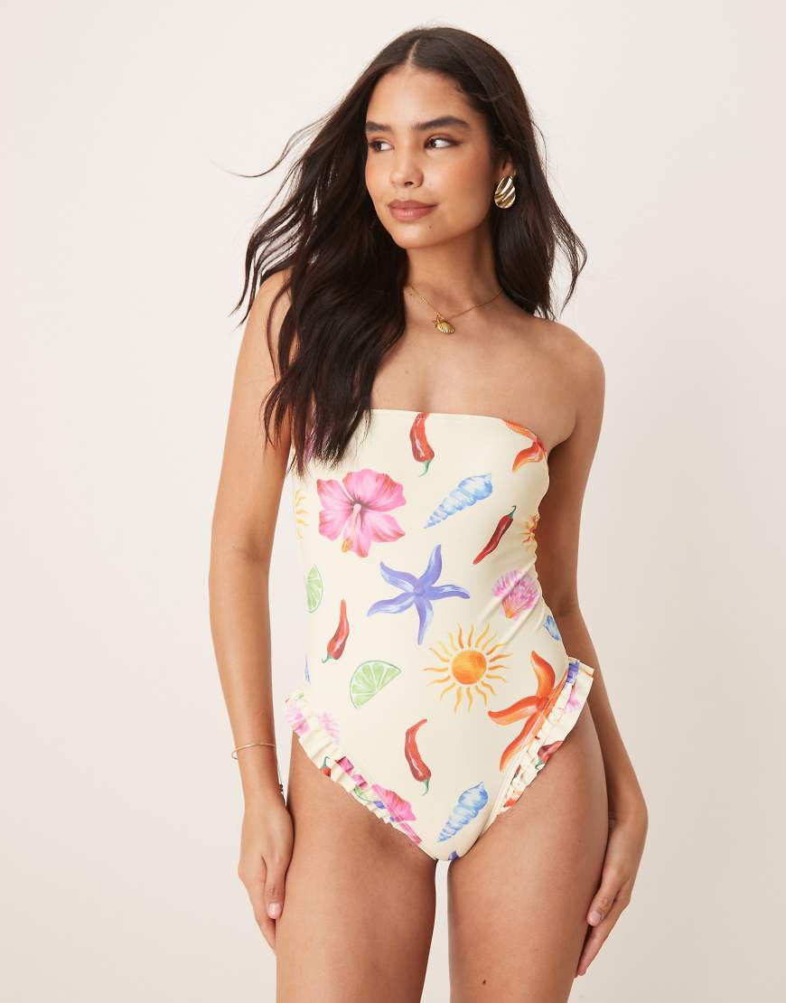 ASOS DESIGN - May - Trägerloser Badeanzug mit Muschelprint und Rüschensaum-Gelb von ASOS DESIGN