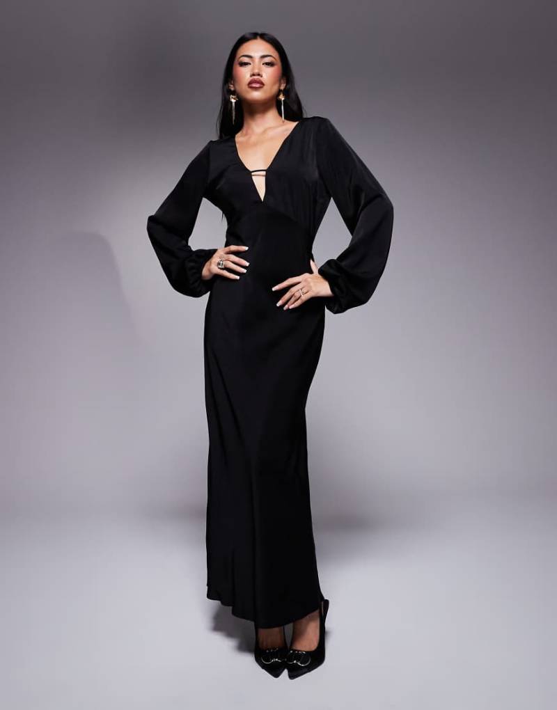 ASOS DESIGN - Midaxi-Kleid aus Satin in Schwarz mit Blousonärmeln und V-Ausschnitt von ASOS DESIGN