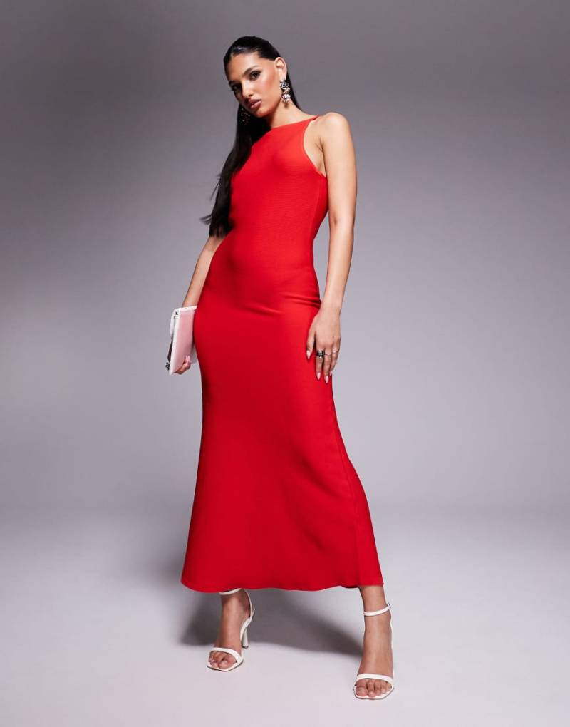 ASOS DESIGN - Midaxi-Kleid aus kompaktem Strick in Rot mit Riemchenträgern von ASOS DESIGN