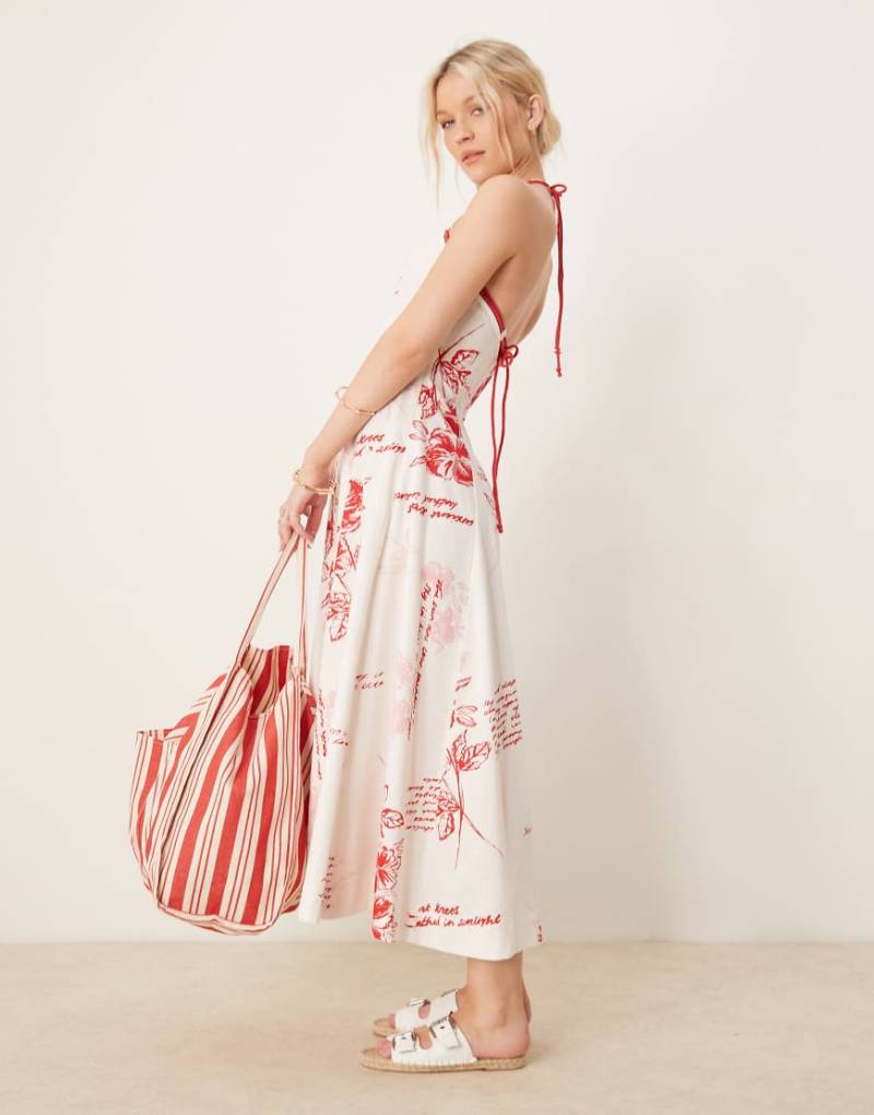 ASOS DESIGN - Midaxi-Kleid mit eckigem Ausschnitt, Kordelverzierung und rotem Blumenmuster von ASOS DESIGN