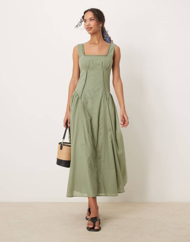 ASOS DESIGN - Midaxi-Prärie-Kleid in Khaki mit eckigem Ausschnitt und tiefer Taille-Grün von ASOS DESIGN
