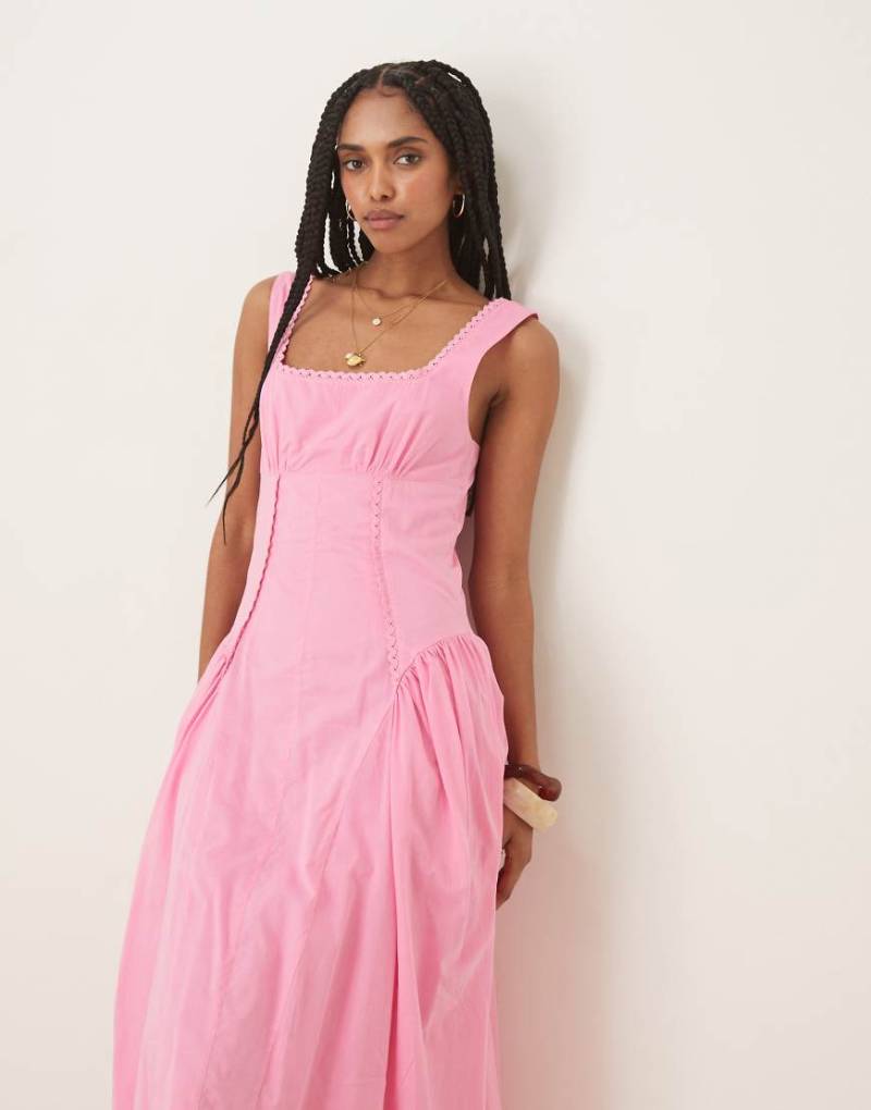 ASOS DESIGN - Midaxi-Prärie-Kleid in Rosa mit eckigem Ausschnitt und tiefer Taille von ASOS DESIGN