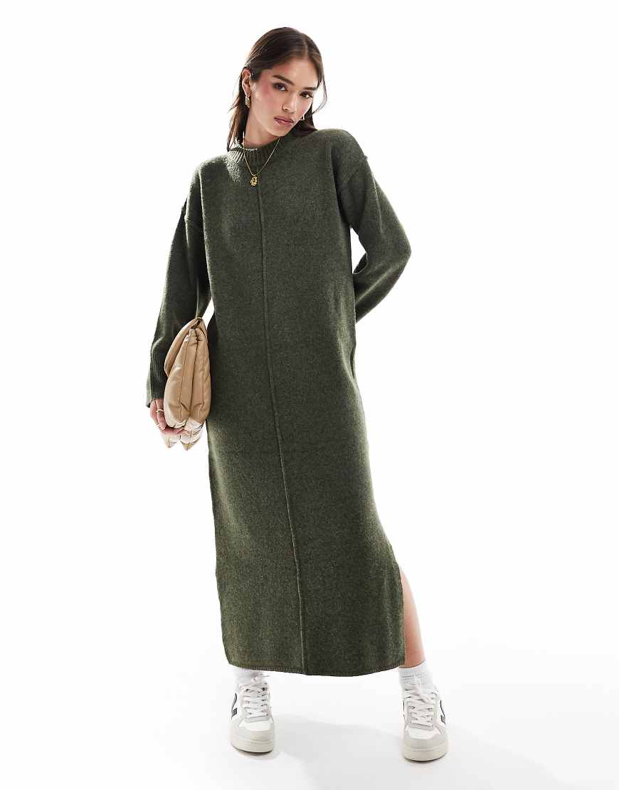 ASOS DESIGN - Midaxi-Strickkleid in Khaki mit Ziernaht auf der Vorderseite-Weiß von ASOS DESIGN