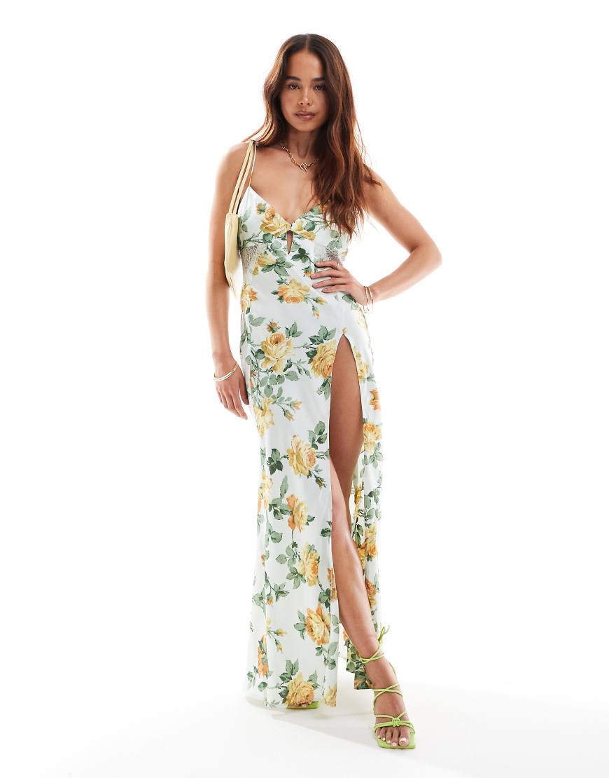 ASOS DESIGN - Midaxikleid aus Satin in Minzgrün geblümt mit Spitzeneinsatz und Schlüssellochausschnitt-Bunt von ASOS DESIGN
