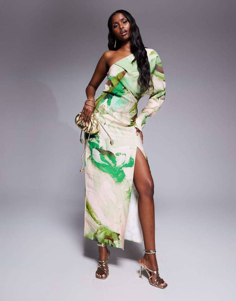 ASOS DESIGN - Midaxikleid in Grün mit abstraktem Muster, Drapierung und One-Shoulder-Träger von ASOS DESIGN