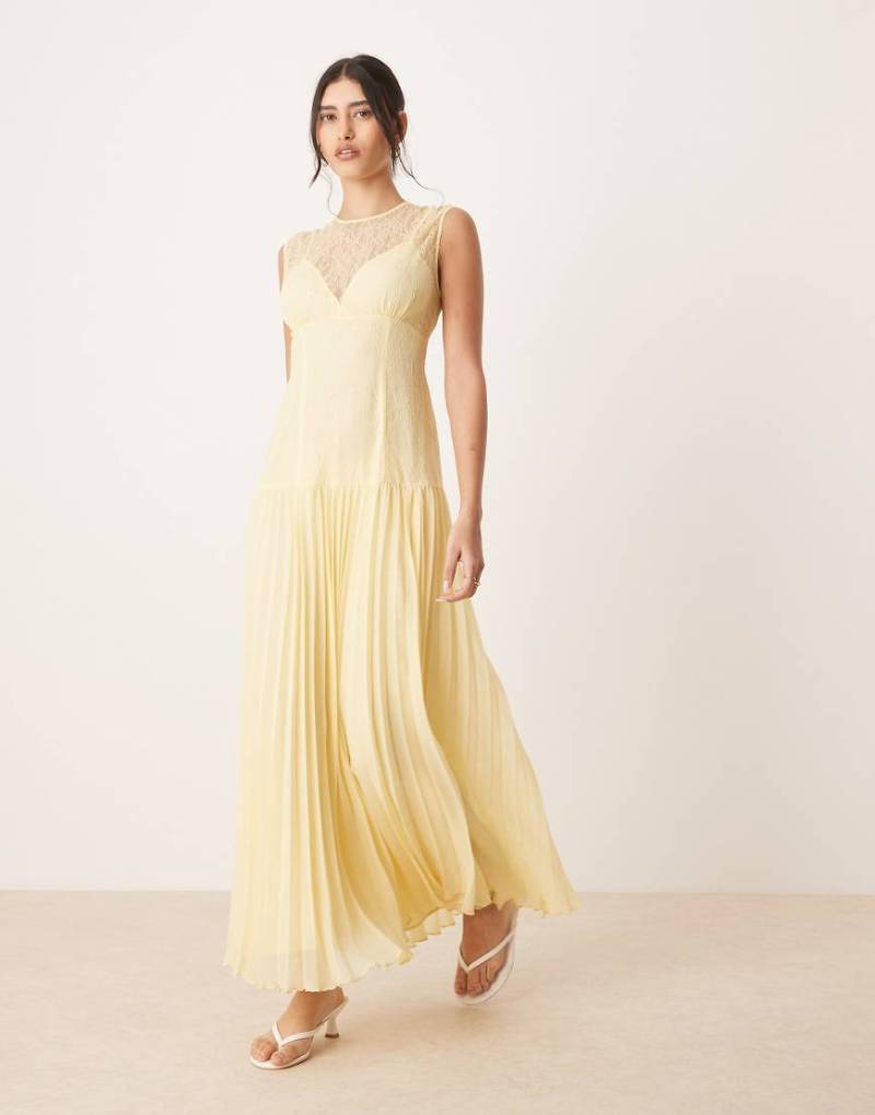 ASOS DESIGN - Midaxikleid in Zitronengelb mit plissiertem Rock und Spitzenbody-Bunt von ASOS DESIGN