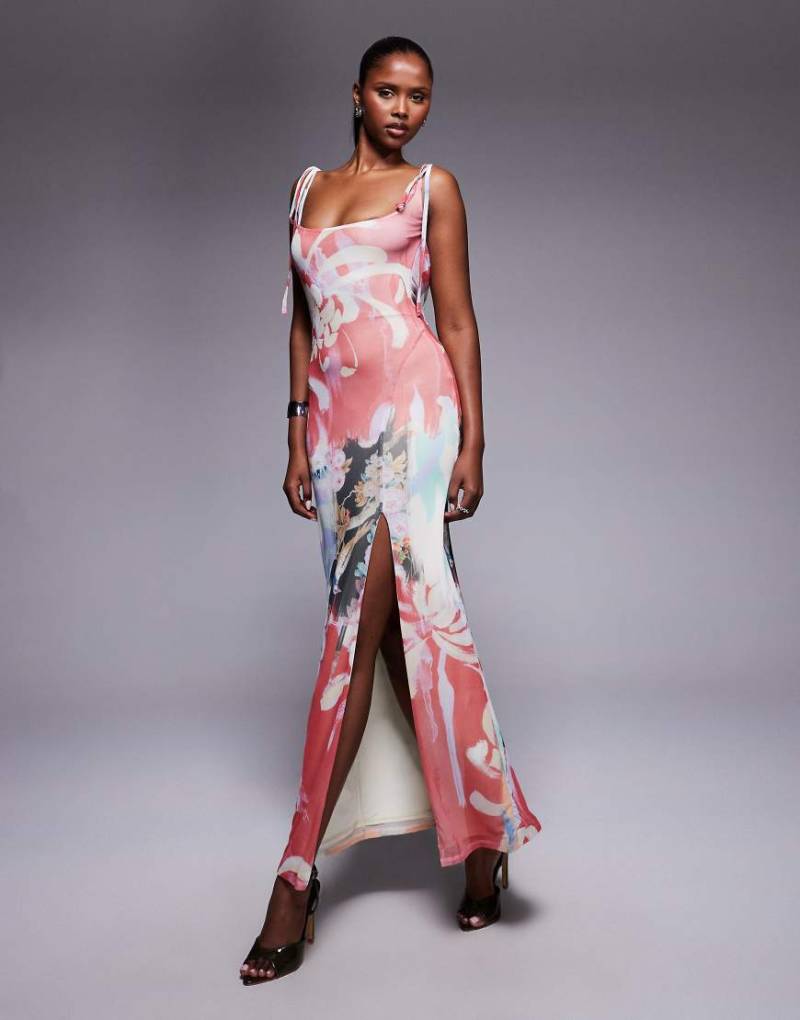 ASOS DESIGN - Midaxikleid mit eckigem Ausschnitt, Wasserfall-Rückenausschnitt und zweigeteiltem Print-Bunt von ASOS DESIGN
