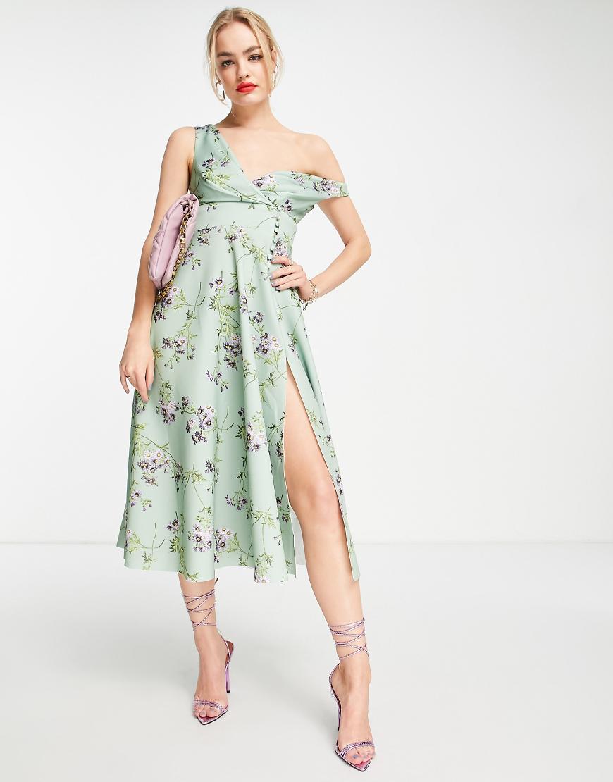 ASOS DESIGN - Midi-Ballkleid in Salbeigrün mit Knopfdetail und Blumenmuster-Bunt von ASOS DESIGN