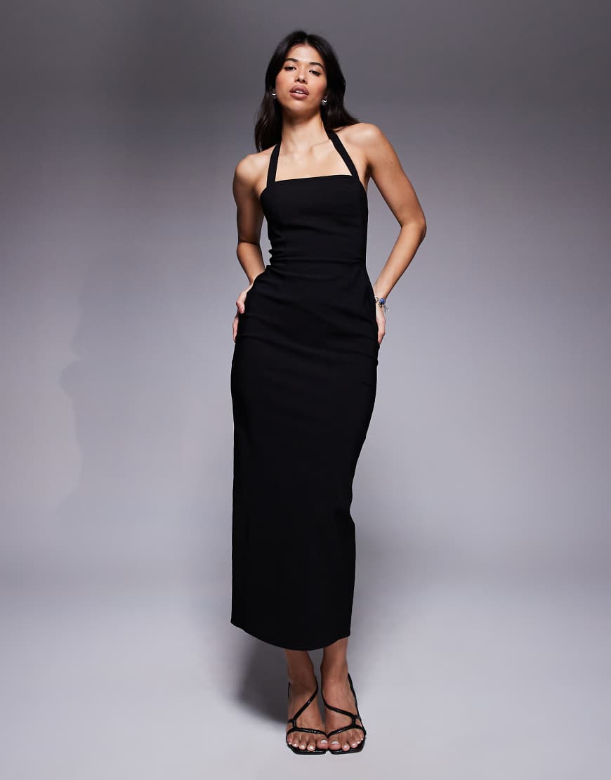 ASOS DESIGN - Midi-Bleistiftkleid aus Bengaline in Schwarz mit Neckholder von ASOS DESIGN