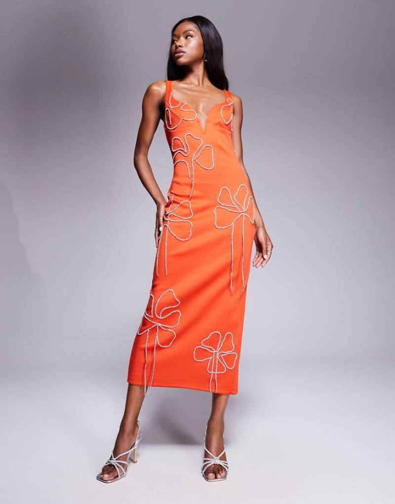 ASOS DESIGN - Midi-Bleistiftkleid aus neoprenartigem Stoff in Orange mit Herzausschnitt und floraler Kettenverzierung von ASOS DESIGN