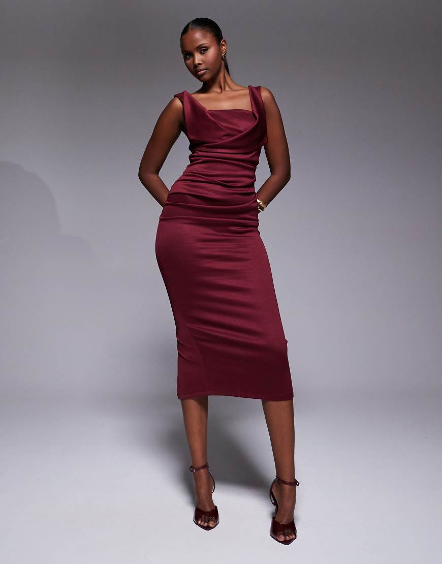 ASOS DESIGN - Midi-Bleistiftkleid in Burgunderrot mit eckigem Ausschnitt und plissierter Brustpartie von ASOS DESIGN