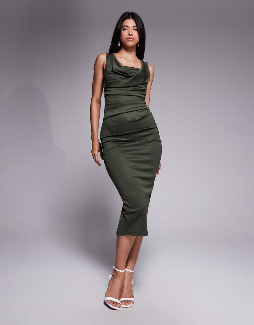 ASOS DESIGN - Midi-Bleistiftkleid in Grün mit eckigem Ausschnitt und Brustpartie im Faltendesign von ASOS DESIGN