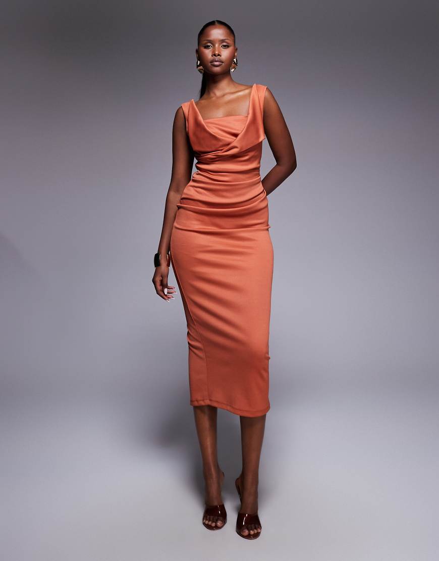 ASOS DESIGN - Midi-Bleistiftkleid in Rostrot mit eckigem Ausschnitt und plissierter Brustpartie von ASOS DESIGN