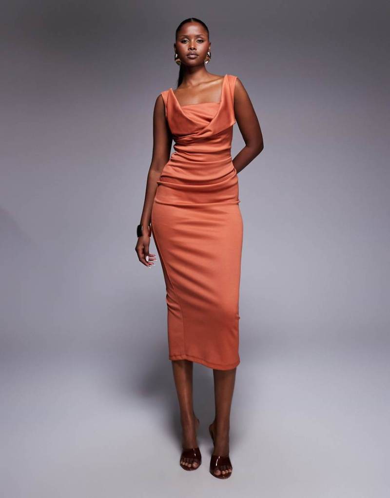 ASOS DESIGN - Midi-Bleistiftkleid in Rostrot mit eckigem Ausschnitt und plissierter Brustpartie von ASOS DESIGN