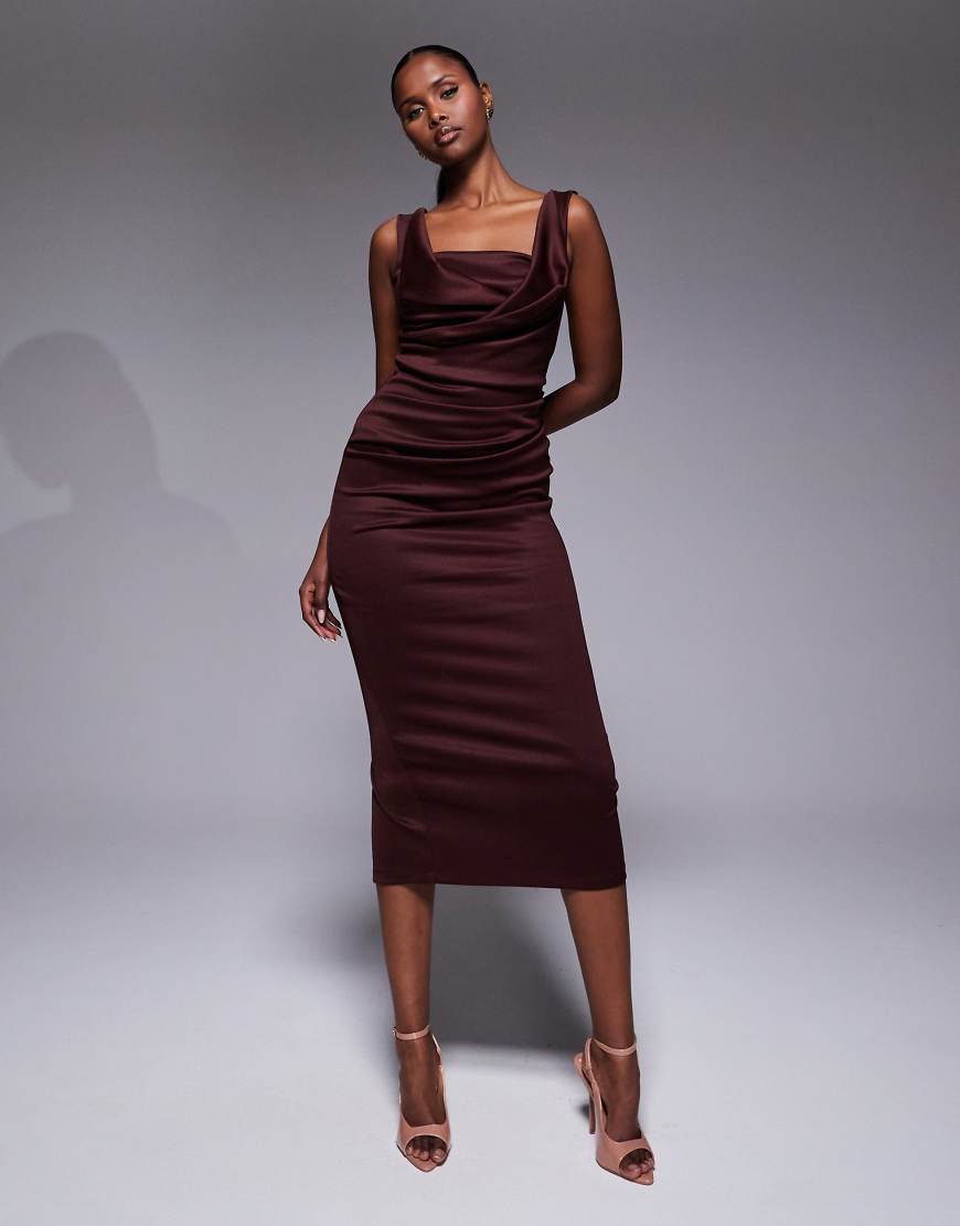 ASOS DESIGN - Midi-Bleistiftkleid in Schokobraun mit eckigem Ausschnitt und gefalteter Brustpartie-Brown von ASOS DESIGN
