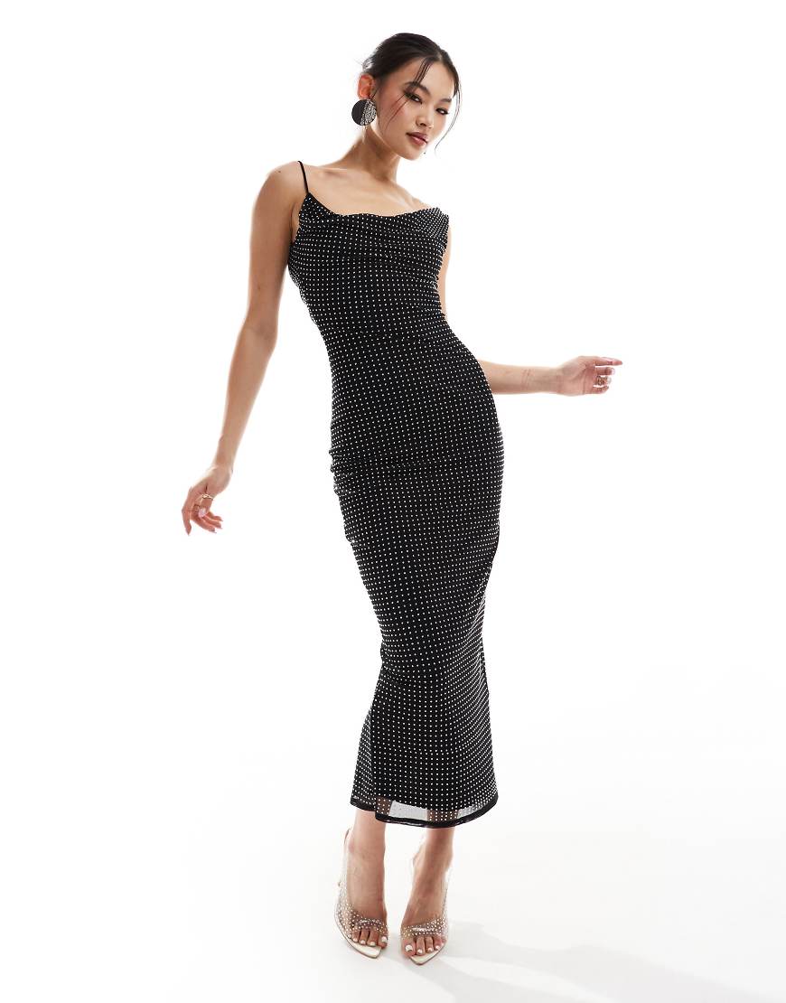 ASOS DESIGN - Midi-Bleistiftkleid in Schwarz mit Wasserfallausschnitt und Hotfix-Verzierung-Blau von ASOS DESIGN