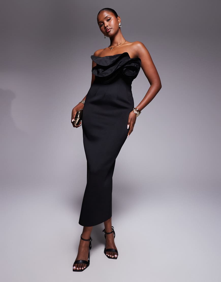ASOS DESIGN - Midi-Bleistiftkleid in Schwarz mit abstraktem Blumendesign an der Brust von ASOS DESIGN