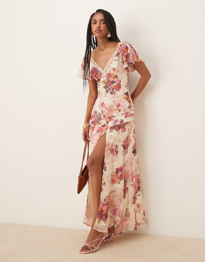 ASOS DESIGN - Midi-Freizeitkleid aus Chiffon mit Blumenmuster und Spitzeneinsatz-Bunt von ASOS DESIGN