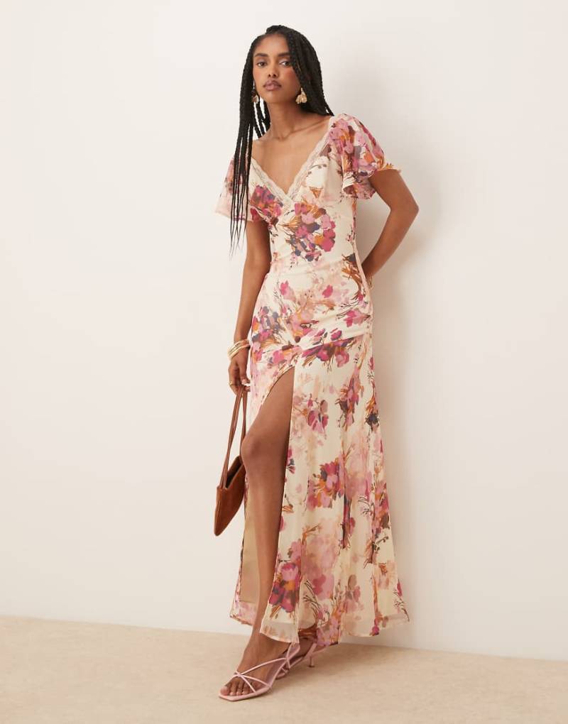 ASOS DESIGN - Midi-Freizeitkleid aus Chiffon mit Blumenmuster und Spitzeneinsatz-Bunt von ASOS DESIGN