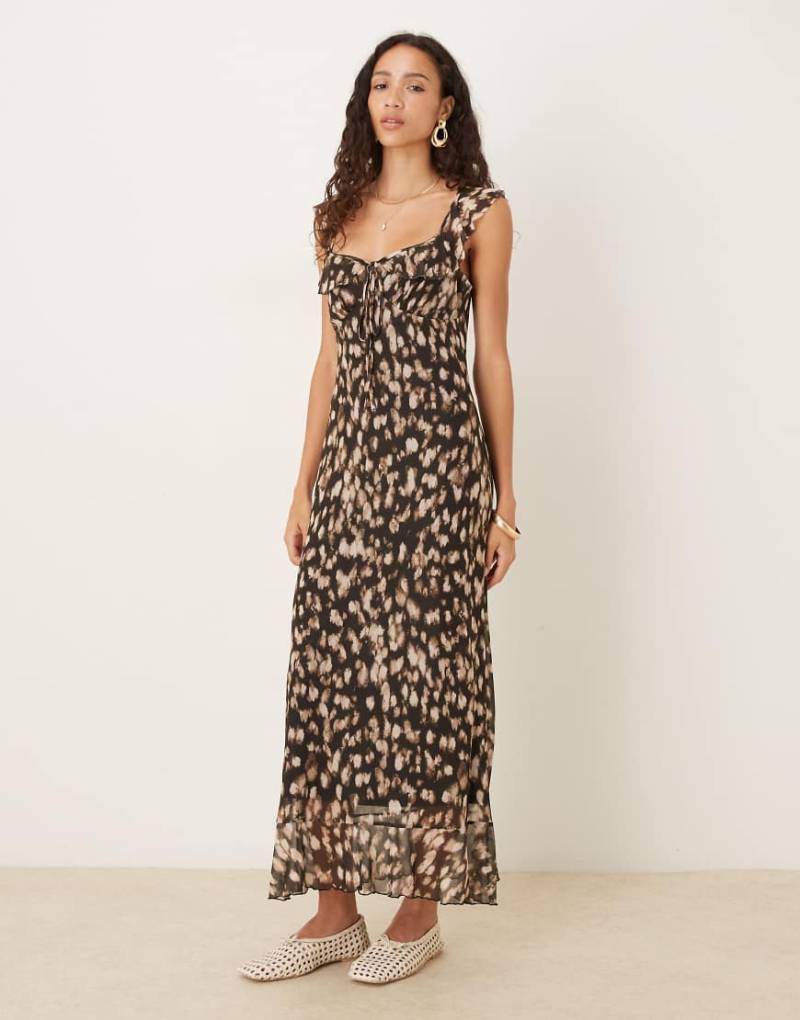 ASOS DESIGN - Midi-Freizeitkleid aus Netzstoff mit doppelten Rüschen und abstraktem Tierfellmuster-Bunt von ASOS DESIGN