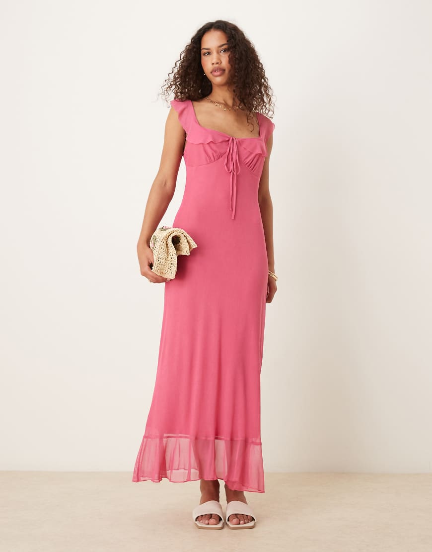 ASOS DESIGN - Midi-Freizeitkleid aus rosa Netzstoff mit doppelten Rüschen von ASOS DESIGN