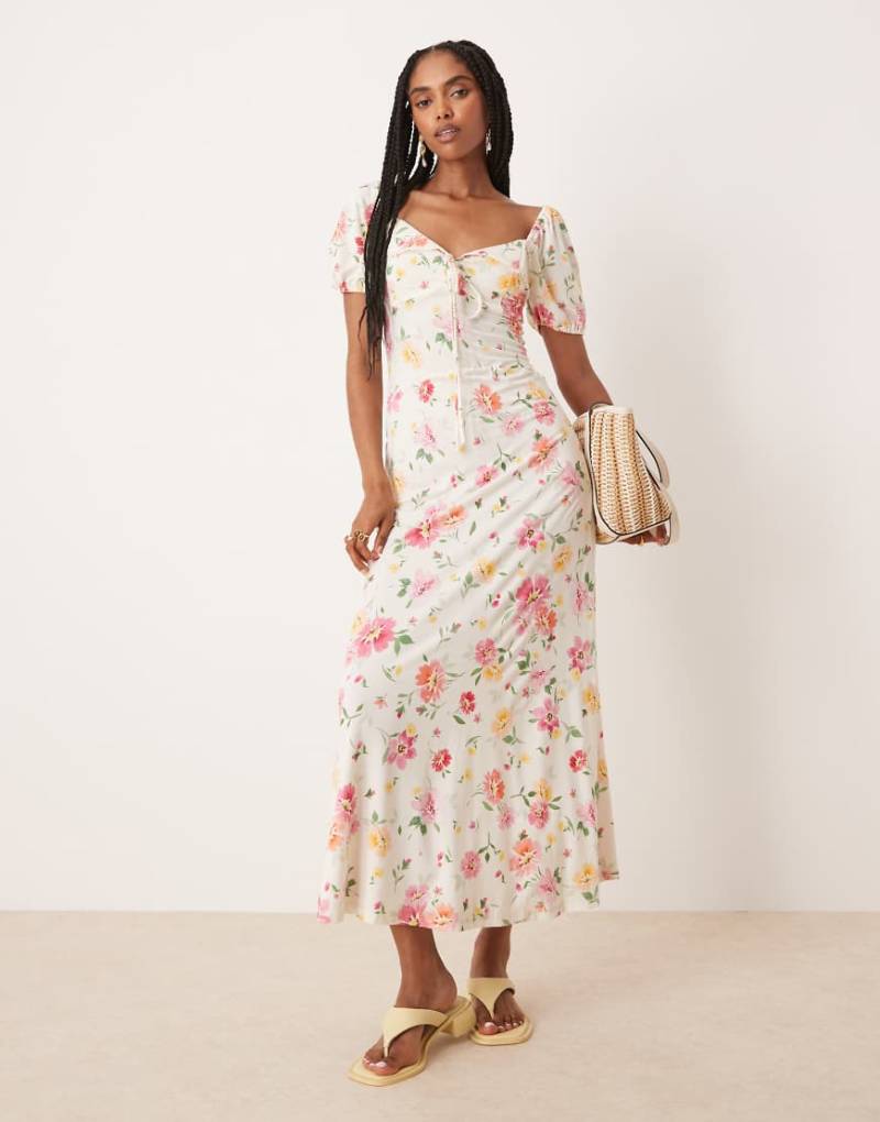 ASOS DESIGN - Midi-Freizeitkleid mit Muschelsaum-Kragen, Puffärmeln, Ziernaht und Blumenprint-Bunt von ASOS DESIGN