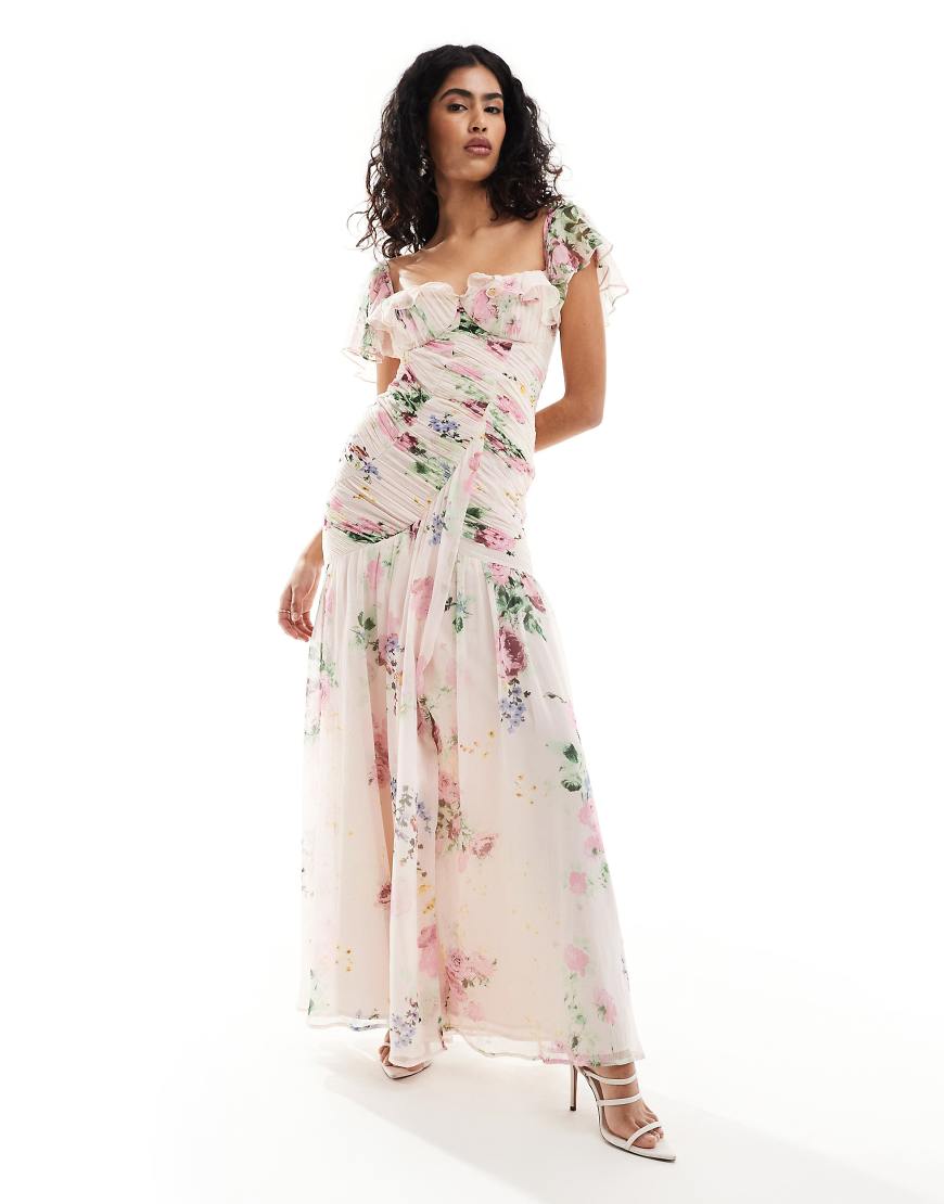 ASOS DESIGN - Midi-Freizeitkleid mit Rüschen und gerafftem Oberkörper und Blumenmuster-Bunt von ASOS DESIGN