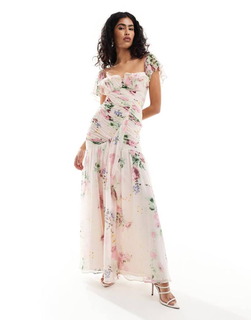 ASOS DESIGN - Midi-Freizeitkleid mit Rüschen und gerafftem Oberkörper und Blumenmuster-Bunt von ASOS DESIGN