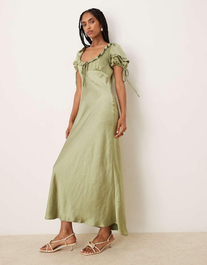 ASOS DESIGN - Midi-Milchmädchenkleid in Grün mit Puffärmeln und Bindedetails von ASOS DESIGN