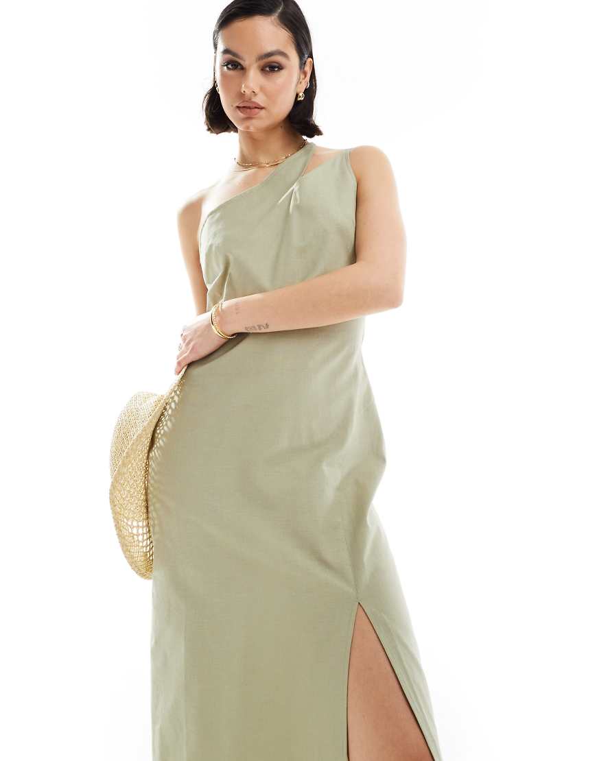 ASOS DESIGN - Midi-Sommerkleid aus Leinen in Salbeigrün mit geteiltem One-Shoulder-Träger und Schlitz von ASOS DESIGN