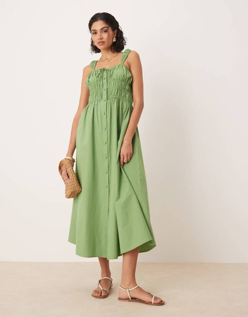 ASOS DESIGN - Midi-Sommerkleid in Salbeigrün mit durchgehender Knopfleiste und gebundener Vorderseite von ASOS DESIGN