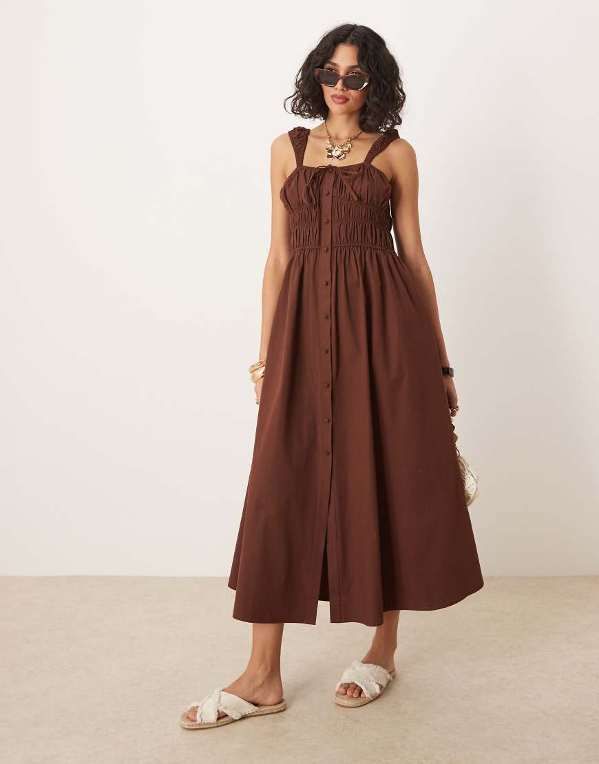 ASOS DESIGN - Midi-Sommerkleid in Schokobraun mit durchgehender Knopfleiste und gebundener Vorderseite von ASOS DESIGN