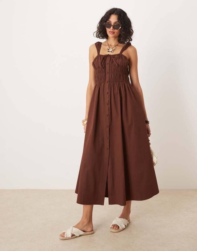 ASOS DESIGN - Midi-Sommerkleid in Schokobraun mit durchgehender Knopfleiste und gebundener Vorderseite von ASOS DESIGN