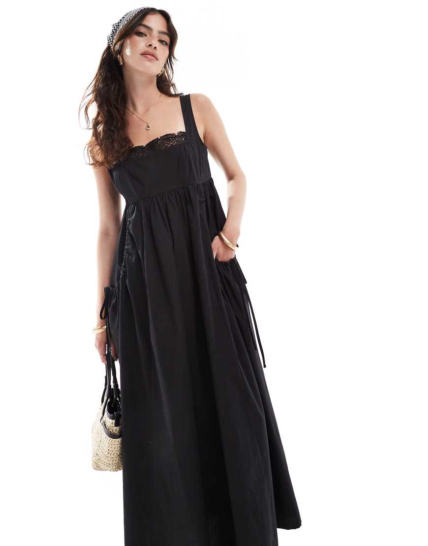 ASOS DESIGN - Midi-Sommerkleid in Schwarz mit Spitzenbesatz an der Brust ASOS DESIGN - Midi-Sommerkleid in Schwarz mit Spitzenbesatz an der Brust von ASOS DESIGN
