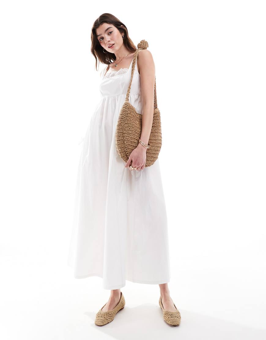 ASOS DESIGN - Midi-Sommerkleid in Weiß mit Spitzenbesatz an der Brust ASOS DESIGN - Midi-Sommerkleid in Weiß mit Spitzenbesatz an der Brust von ASOS DESIGN
