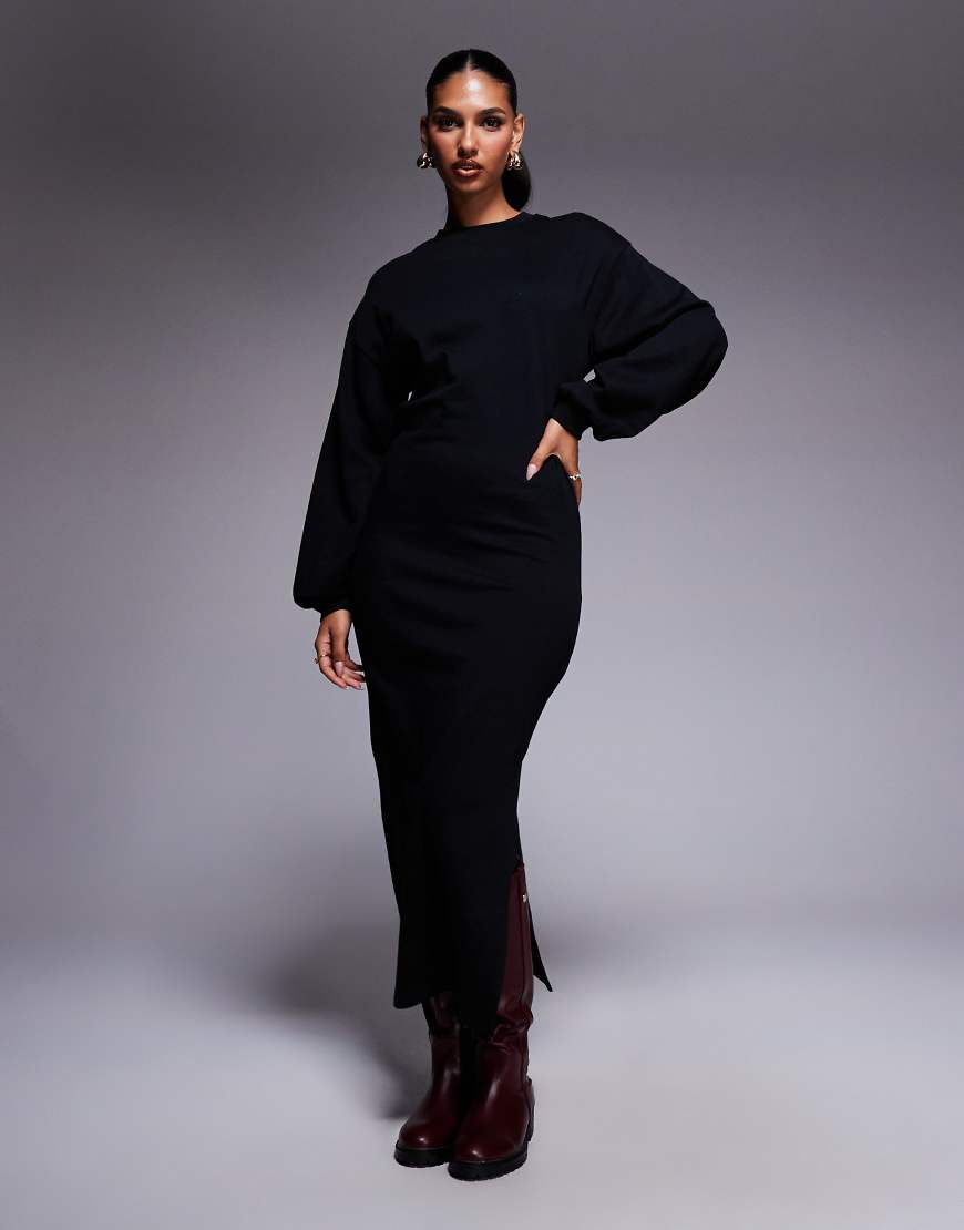 ASOS DESIGN - Midi-Sweatshirt-Kleid aus Baumwolle in Schwarz mit Ballonärmeln von ASOS DESIGN