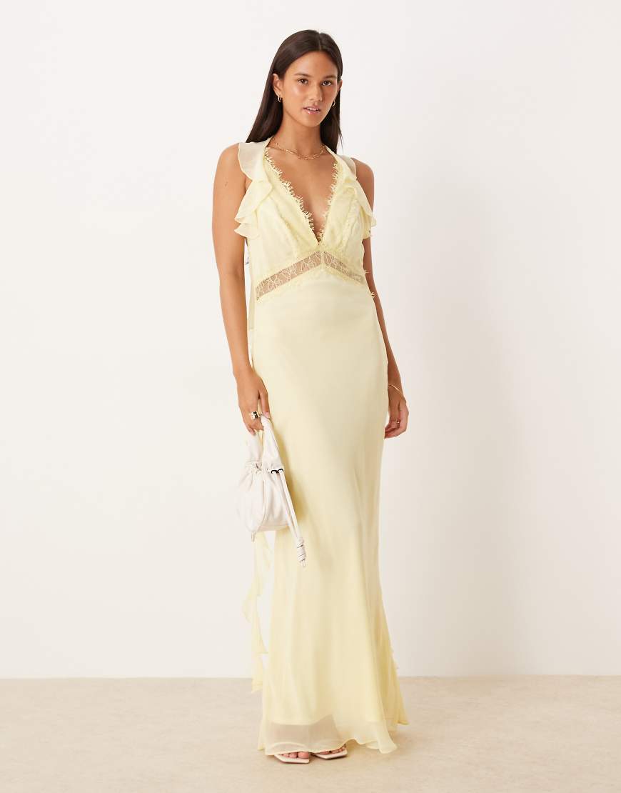 ASOS DESIGN - Midi-Trägerkleid aus Chiffon in Zitronengelb mit Spitzeneinsätzen von ASOS DESIGN
