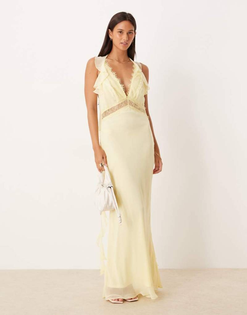 ASOS DESIGN - Midi-Trägerkleid aus Chiffon in Zitronengelb mit Spitzeneinsätzen von ASOS DESIGN