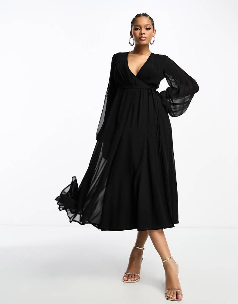 ASOS DESIGN - Midi-Wickelkleid in Schwarz mit Ballonärmeln und Taillenband von ASOS DESIGN