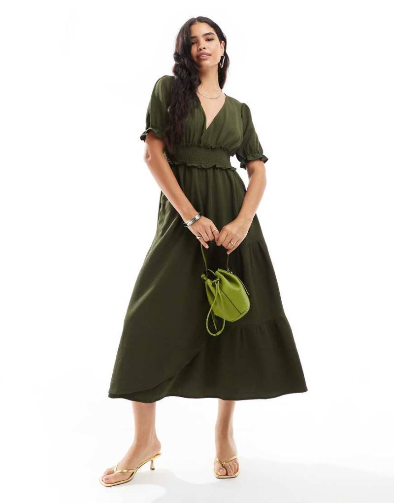 ASOS DESIGN - Midi-Wickelkleid in Tannengrün mit Puffärmeln von ASOS DESIGN