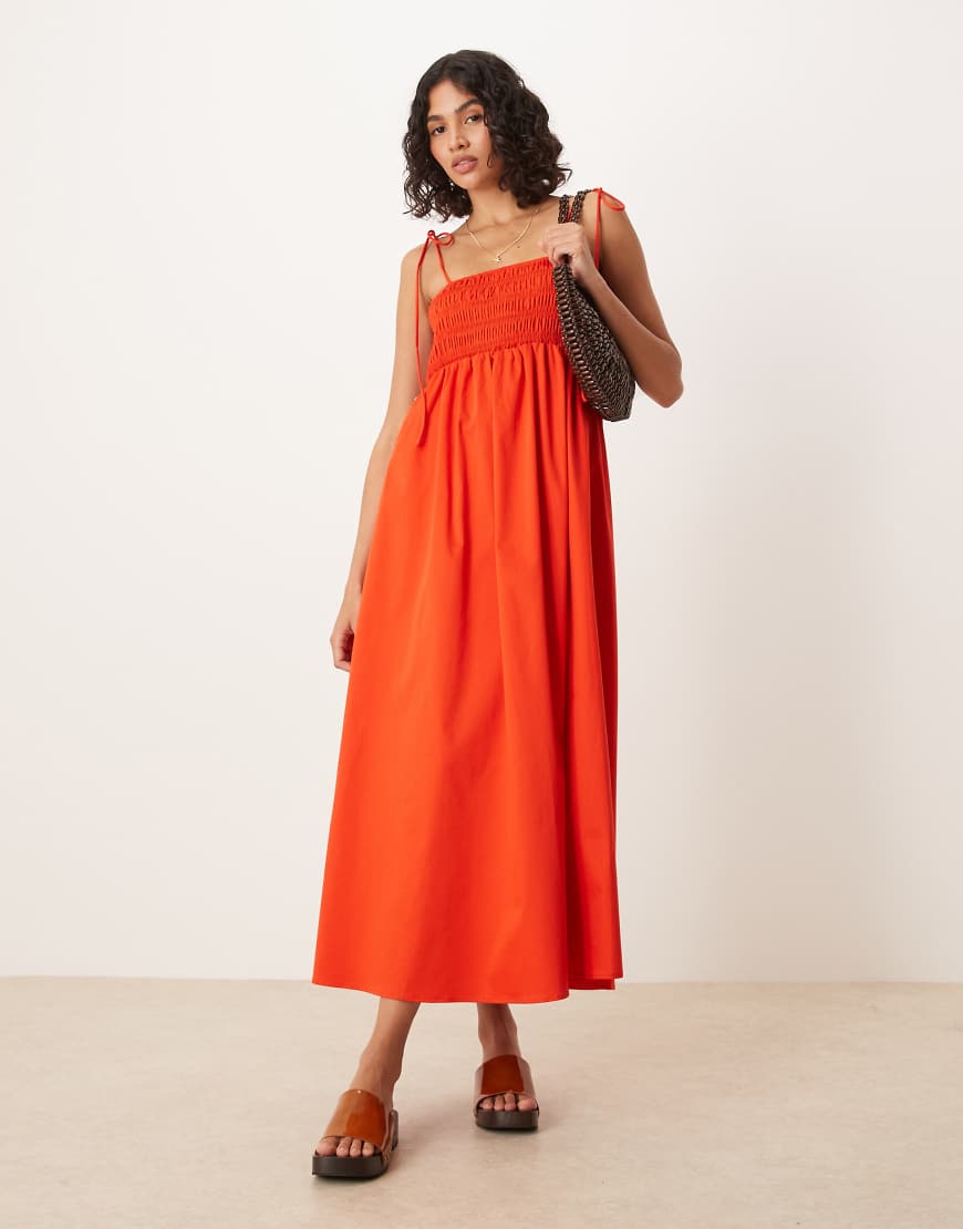 ASOS DESIGN - Midikleid aus Baumwoll-Popeline in Rot mit gesmokter Brustpartie von ASOS DESIGN