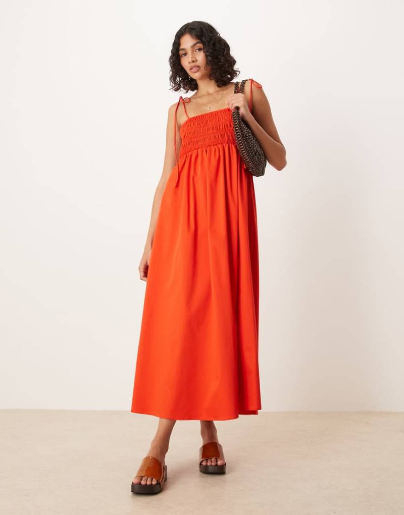 ASOS DESIGN - Midikleid aus Baumwoll-Popeline in Rot mit gesmokter Brustpartie von ASOS DESIGN