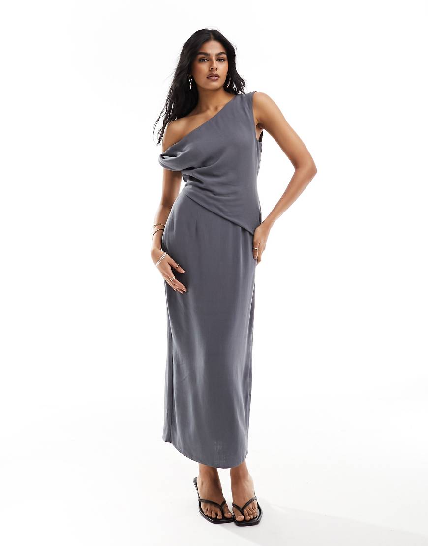 ASOS DESIGN - Midikleid aus Leinen in Anthrazit mit überschnittenen Schultern und Faltendetails an der Taille-Grau von ASOS DESIGN