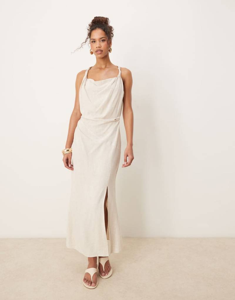 ASOS DESIGN - Midikleid aus Leinen in Haferbeige mit verdrehten Details an der Schulterpartie und Raffung-Gelb von ASOS DESIGN